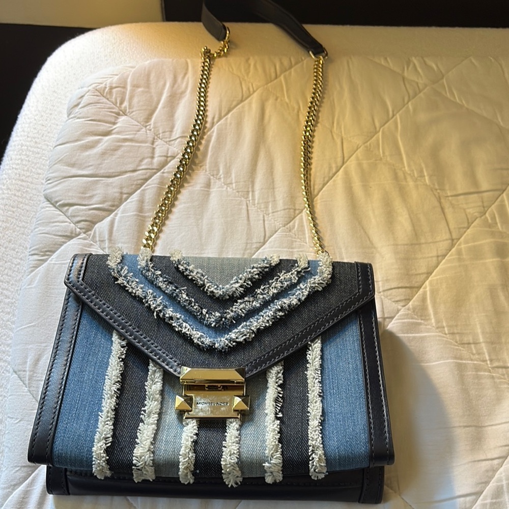 Black and Blue Chevron Shoulder Bag with Gold Chain